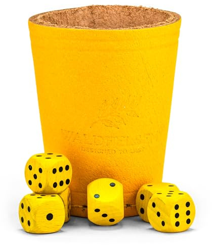 WALDFELSEN® Gobelet à dés en cuir véritable (9 cm) avec 6 cubes en bois (16 mm) en bois de hêtre tasse en cuir ensemble de dés dés pour les yeux Cube de jeu (Couleur : jaune)