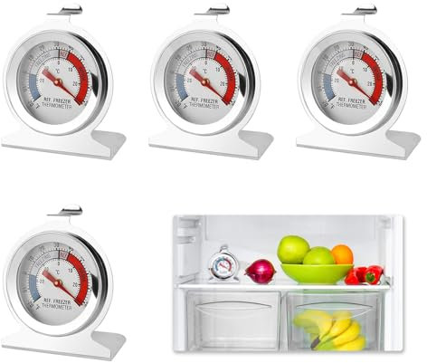 4 Pezzi Termometro Frigorifero, Termometro Frigo Congelatore, Acciaio Inox con Gancio per Appendere, Misura da -30 a 30°C (-20°F a 80°F), Ideale per in Casa Ristoranti Bar e Cucine Professionali