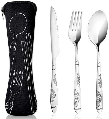 3 Piezas Cubiertos para Llevar, Cubiertos Camping de Acero Inoxidable, Juego de Cubiertos de Acero inoxidable con Cuchillos, Cuchara, Tenedores, Bolsa de Almacenamiento
