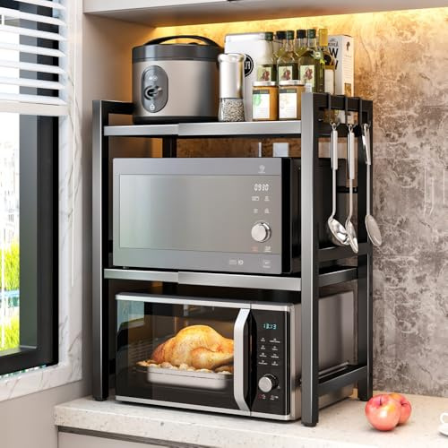 BELIFEGLORY Erweiterbares Mikrowellen-Ofenregal, Küchenarbeitsplatte über Mikrowelle, Standregal, Küchen-Arbeitsplatten-Organizer für Luftfritteuse, platzsparend, stehend, Bäckerregale (Schwarz/3