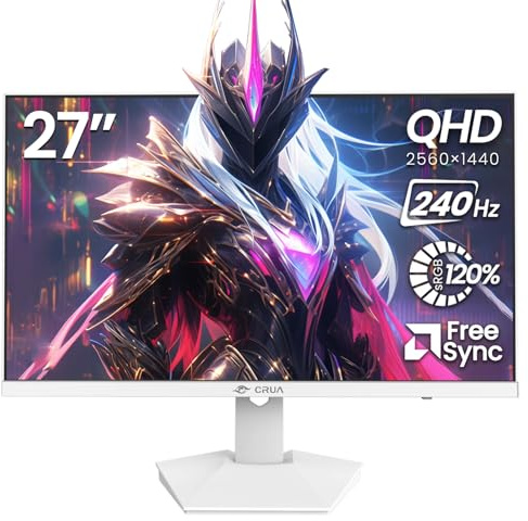 CRUA 27 240Hz Gaming Monitor, 2k QHD(2560 * 1440P) IPS Screen Computer Monitor, Supports AMD Freesync, 120% sRGB, Blue Light Filter, Built-in Speakers, Wall Mountable Installs(HDMI 2.0/DP 1.4)-White