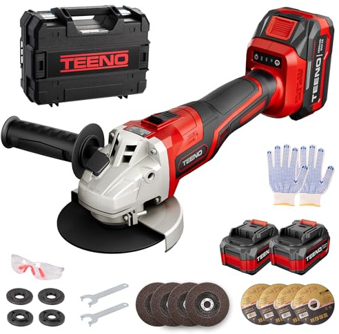 Amoladora Angular Inalámbrica TEENO 21V 1000W - Kit Completo con 2 Baterías 4.0Ah y Cargador - Motor Brushless, 9100 RPM, 125 mm - Incluye 14 Accesorios (Disco, Llave, Guantes)