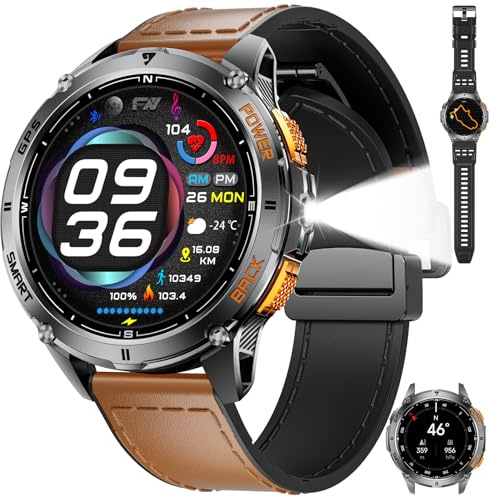 LIGE GPS Smartwatch Uomo, 1.43 AMOLED Militare Orologio Smart Watch con Chiamate Bluetooth/Torcia LED/Bussola/120+ Modalità Sportive per iOS Android, Monitoraggio Sonno/530mAh Batteria, Marrone