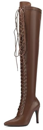 Veelau Meieer Bottines à lacets pour femme - Talons hauts - Bottines à lacets Stiletto avec fermeture éclair, marron, 42 EU