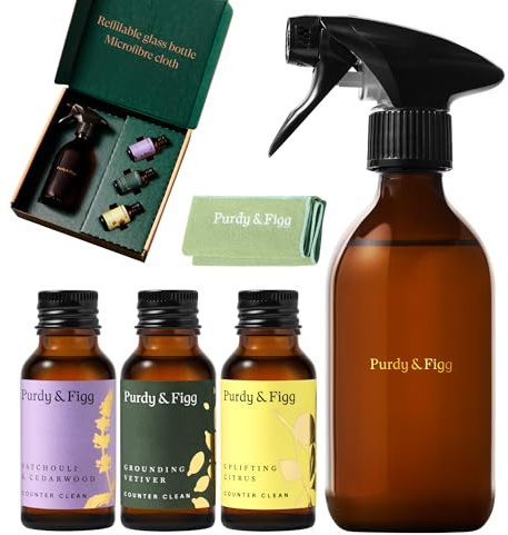 Purdy & Figg | Counter Clean Mixed Starter Kit | All Natural Gentle Non Toxic Organic Essential Oils Multipurpose Cleaner | Citrus Vetiver Patchouli & Cedarwood | Home Kitchen Countertop