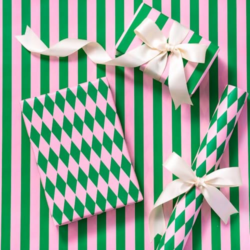 RUSPEPA Rollo Pequeño de Papel de Envolver Reversible - Rayas Verde y Rosa Claro/Patrón de Diamantes, 43,2cm x 5m - Perfecto para Navidad, Cumpleaños, Día de San Valentín