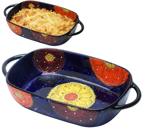 LUPATDY Fuente de Horno Cerámica con Asas, Moldes para Hornear Rectangulares 19,5 x 13 cm, Platos de Cerámica para Gratinar, Lasagna, Pasta, Carne, para Horno, Microondas (Azul Oscuro)