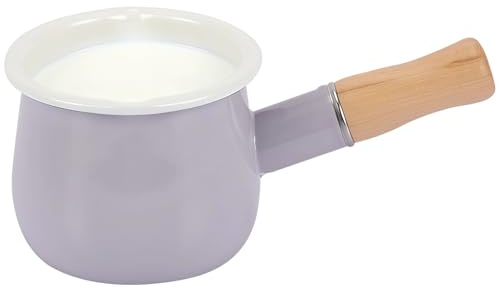 17 oz Mini Enamel Milk Pot, Small Saucepan with Dual Pour Spouts, Food Warmer with Wooden Handle for Milk, Soup, Butter, Sauce, Boiled Egg, Compatible with Gas & Electric Stoves