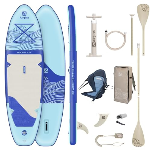 Airgliss Sup Kayak Gonflable 11' Pack Complet 2-en-1 - Planche Stand Up Paddle Convertible avec Siège, Pagaie Double, Pompe et Sac à Dos - Charge Max 170-190kg, Technologie Dropstitch - Idéal Balade