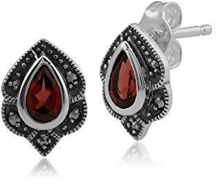 Gemondo Marcasite Earrings, Sterling Silver Garnet & Marcasite Art Nouveau Stud Earrings