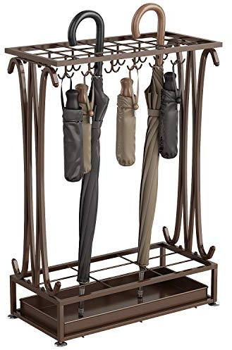 AcornFort U-22 Regenschirmständer, extra groß, Braun, Metall, 21 Löcher, rechteckig, mit 24 Haken und Einer gratis Bodenwanne für Regenwasser, 70 x 50 x 24 cm