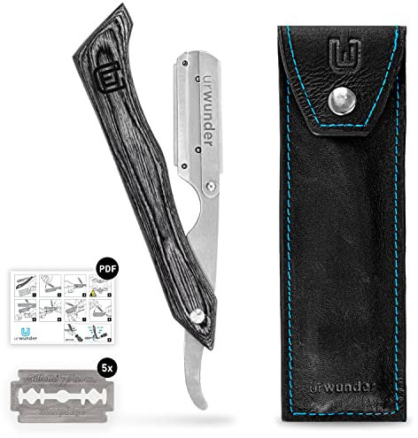 Präzises Premium-Rasiermesser + Hochwertiges Echtleder-Etui + Einfache Anleitungen + Scharfe Ersatzklingen Beardo | Ideal zum Rasieren … (silber gebürstet/schwarz)