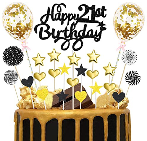 Happy Birthday Cake Topper 21st, 25pcs Black Gold Glitter Happy 21st Birthday Cake Topper with Star Heart Paper Fan Balloon Birthday Cupcake Topper for Boys Twenty-One Anniversary Birthday Party Decor