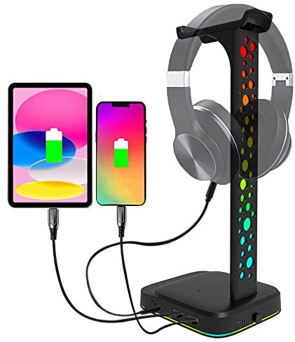 OneCut Kopfhörer Ständer RGB Gaming Headset Halterung mit 2 USB Typ-C Anschlüsse Datenübertragung und 3.5mm AUX, Kopfhörerhalter 9 Lichtmodi Speicherfunktion für Gamer PC Zubehör Schreibtisch