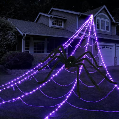 Halloween Spider Web Lights Decoration 250 LED Light up Spider Webs Halloween Decorations Outdoor with 59 Large Spider & 3.53 oz Stretch Cobweb 16.4 Ft Giant Web with 8 Modes (Purple)
