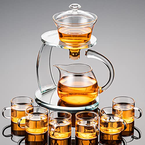 MOZEO Set di teiera in vetro semi automatica con rotazione a goccia con infusore Lazy Kungfu Teiera Set da tè resistente al calore (teiera con 6 tazze)