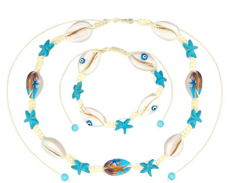 jagosen Set med snäckhalsband justerbart armband snäckskal halsband med sjöstjärna turkos gåvor för kvinnor flickor, akryl