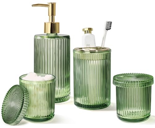 Green Glass Bathroom Accessories 4 Pcs, Green Bathroom Set, Soap Dispenser and Toothbrush Holder Set, Qtip Holder Set, Vintage Bathroom Sink Set, Cute Bathroom Decor