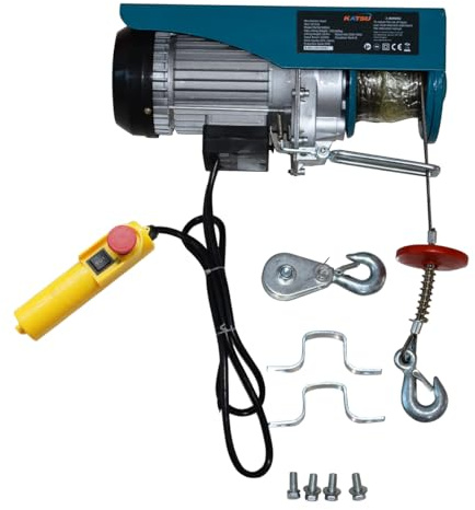 KATSU Elektrischer Seilhebezug 400KG 1000W mit 18M Stahlseil Hebezug Seilzug und Fernbedienung Elektrische Seilwinde Motorwinde Elektroseilzug für Garage, Autowerkstatt, Deckenhebebühne