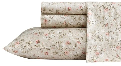 Laura Ashley - King Sheet Set, Buttery-Soft Bed Sheets with a Naturally Silky Smooth Cotton Sateen Lightweight Feel - Matching Pillowcases & Fitted Sheet (Bonnie Beige)