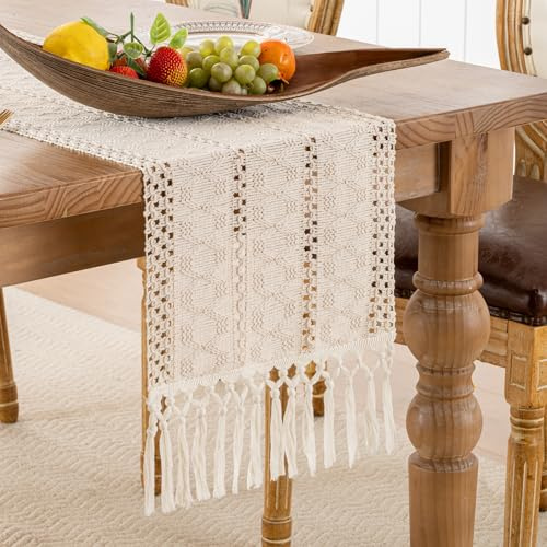 Serento Camino de Mesa de Macramé Boho Beige Borlas de Algodón Lino Tejido a Mano, Camino de Mesa Rústico de Granja para Boda Fiesta Hogar Cocina Comedor Decoración 30x140cm
