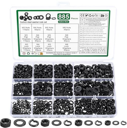 885 Ecrou M3 M4 M5 M6 et Rondelles Metal et Rondelles à Ressort: 265 Ecrous Hexagonal, 310 Rondelles Plates, 310 Rondelles de Blocage en Spirale, Écrous Hexagonaux pour Vis Boulons(M3 M4 M5 M6)