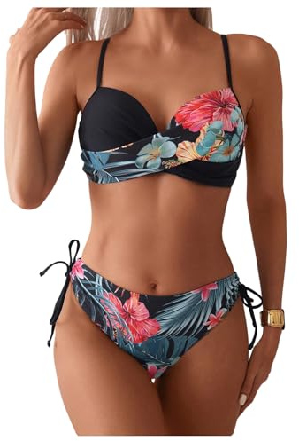 GORGLITTER Women's Push Up Bikini Set Underwire Floral Tie Side Hipster Swimsuits 2 Piece Swimwear Black Medium