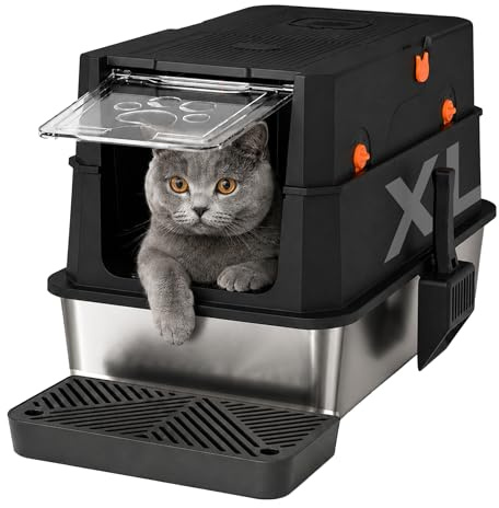Gimars Caja de Arena para Gatos 3 en 1 de Acero Inoxidable con Laterales Altos y Antifugas, Caja de Arena Cerrada Extragrande de Fácil Limpieza con Pala, Entrada Frontal y Superior para Varios Gatos