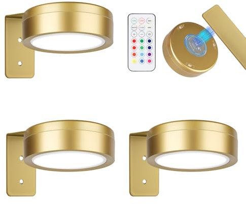 3 Stück Bilderleuchte Kabellos – LED Akku Wandleuchte für Kunstwerke, Magnetische Bildbeleuchtung Kabellos mit 13 RGB-Farben und Dimmfunktion, Vielseitig einsetzbar auch als Schrankbeleuchtung(Gold)