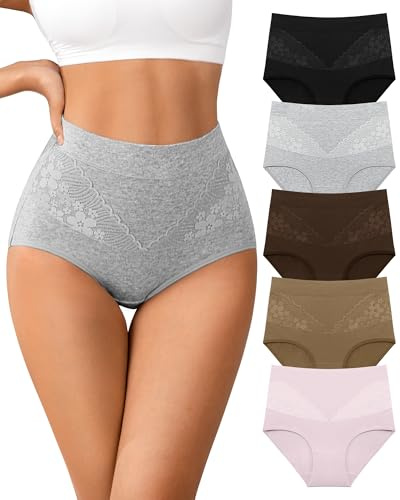 IROCUE High Waisted Cotton Underwear for Womens Slight Tummy Control Briefs Breathable Full Coverage Panties 5 Pack XL