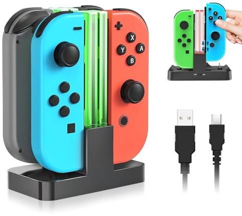 SJACXANM 4 in 1 Caricabatterie Station per Joy Con, Caricabatterie Joycon Switch, CaricabatterieSwitch Controller di Ricarica Simultanea Di 4, con Indicatore LED, USB Type-C per Switch & OLED Model