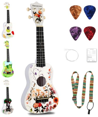 RANMING Ukulele 21 inch ukelele kids 4-String Ukulele Starter Kit with Strap, Picks,Carbon Strings Portable Plastic uku for Music Education Outdoor Travel Holiday Gifts Flower