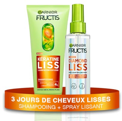 Garnier Fructis Kératine Liss – Routine 2 Produits : Shampooing & Spray Cheveux Lissant Diamond Liss – Kératine Végétale & Huile d’Argan – Cheveux Lisses et Brillants - Anti-Frisottis - Anti-Humidité