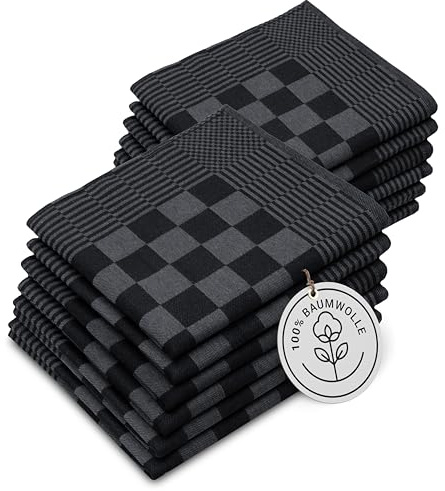 ZOLLNER 12er Set Geschirrtücher Baumwolle in 45x90 cm - extrem saugstarke und robuste Küchentücher - waschbar bis 60°C – in schwarz kariert - Gastronomiequalität - Oeko Tex® Zertifiziert