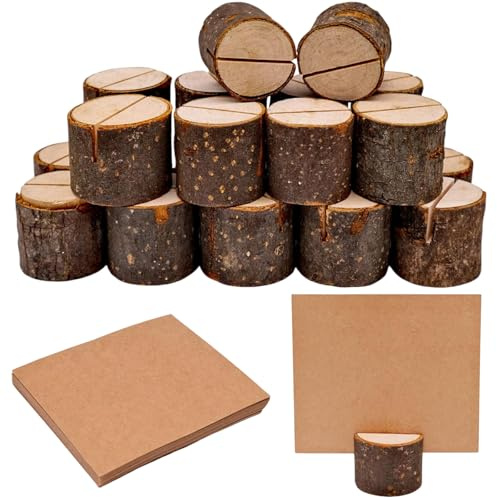 Binnan 20 Portatarjetas de Mesa rústico, Soportes de Tarjetas de Madera Tocón con 20 Kraft, Soporte para Tarjetas de Mesa para Decoraciones Bodas, Aniversarios, Ocasiones