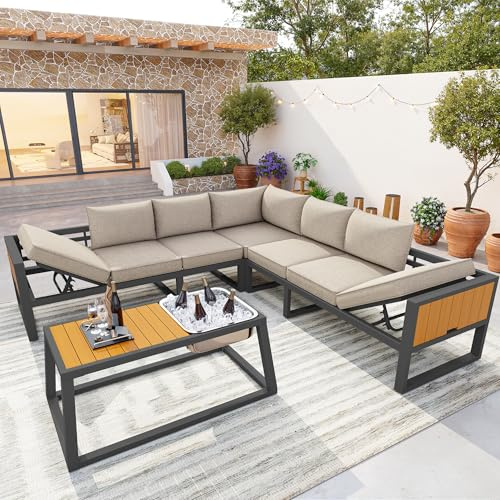 Sapgaks Salon de Jardin pour 6-8 Personnes avec Dossier réglable,canapé d'extérieur avec accoudoirs Pliables et Seau à Glace en métal,Ensemble de canapé d'extérieur modulable avec Table,Beige