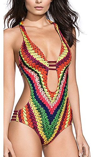 DELEY Mujeres Vendimia Floral Print Cuello En V Profundo Push Up Bikini Brasileño Traje De Baño Ropa De Playa Monokini Swimwear Rojo Tamaño M