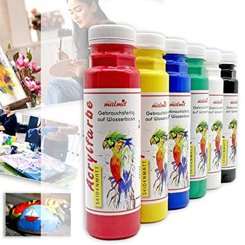 Play malmit® Acrylfarbe 6er Set je 250ml | hochwertige Künstlerfarbe in Seidenmatt | deckende Malfarbe | hohe Pigmentierung | Made in Germany | geeignet für Acryl Pouring Technik