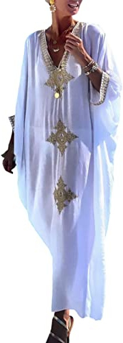YouKD - Vestido largo de verano para mujer, maxivestido caftán de estilo bohemio para cubrir el traje de baño en la playa, Blanco y amarillo., Talla única