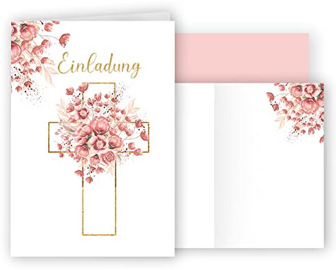 10 Einladungskarten mit Umschlag Einladung Klappkarten Karten stilvoll kreuz Aquarell zart zur Taufe Kommunion Konfirmation Firmung Rosa Rosen Blüten Gold Mädchen zum selbst gestalten