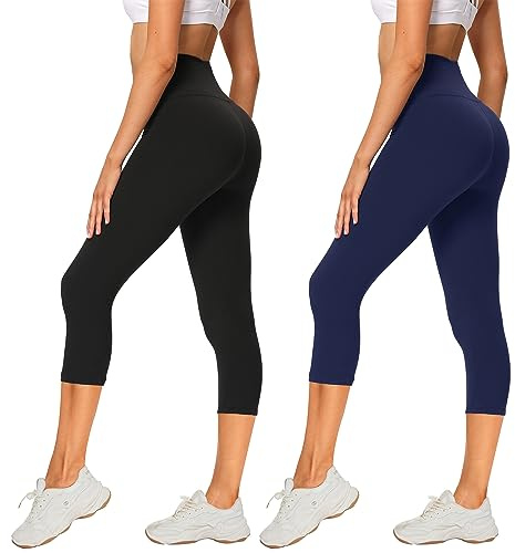 AMIYOYO Lot de 2 leggings 3/4 pour femme, taille haute, opaque, court, pantalon de sport élastique, pour yoga, fitness, plein air, loisirs, Legging Capri noir + bleu foncé, 50-54