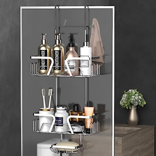 Daoun Shower Caddy Hanging, Bathroom Shelf Hanging Silver Bathroom Storage for Soap and Shampoo, 2 Tier Over Door Shower Caddy (Stainless Steel)