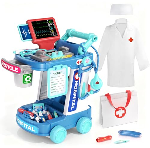 JOVOW Kit de Docteur pour Enfants, Jeu de Simulation de Docteur avec Chariot, Costume et Stéthoscope, Jouet Médical de Jeu de Rôle pour Filles, Garçons et Enfants de 3-8 Ans, Cadeaux d'anniversaire