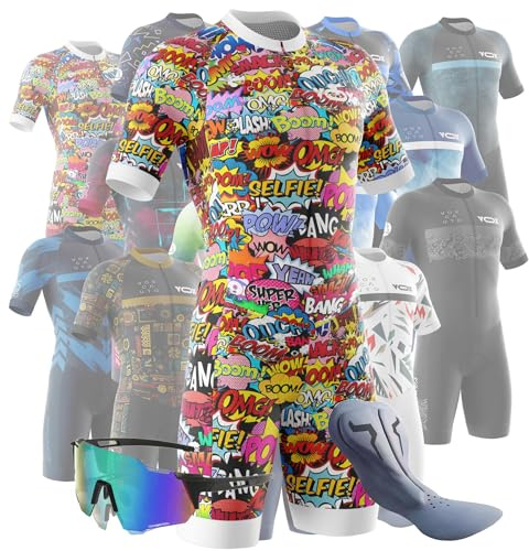 VOXCAUTQ Men's Cycling Skinsuit Gel Padded,Triathlon Suit Men’s,Men's Triathlon Tri Suit Short Sleeve Cycling Skinsuit with 3 Rear Pockets Quick-Drying (Typ-6,XL)