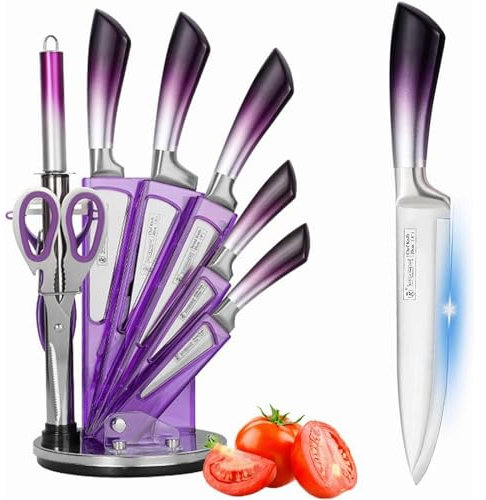 Set di coltelli con blocco portacoltelli, set di 9 coltelli da cucina viola con blocco portacoltelli in acrilico girevole, set di coltelli da cucina con affilatura, regalo per ragazze (viola)