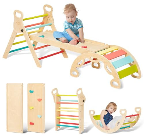 Giant bean Klettergerüst Indoor ab 1 Jahr Klettergerüst Indoor Kletterdreieck Indoor Spielplatz 5-in-1 Montessori Kletterdreieck mit Kletterbogen und Rutsche, Regenbogen mit Griff (S)