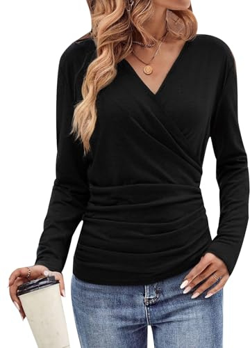 YOUNIFIZ Womens Deep V Neck Long Sleeve Wrap Tops Casual Shirts Sexy Wrap Ruched Blouse Tops Black