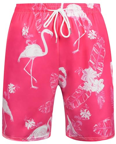 Aomig Men's Swim Trunks Swimming Shorts, Hawaiian Flamingo Print Swim Trunks Hawaiian Board Shorts, Quick-Dry Swimming Running Shorts with Pockets, Summer Holiday Surf Beach Shorts(Rose-L)