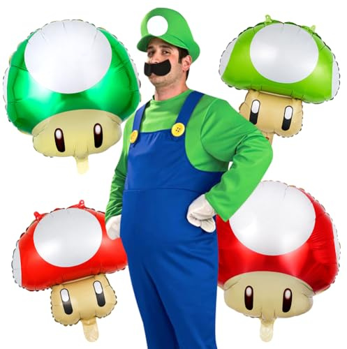 ZGCXRTO Costume de Super Plumber Bros,8 PCS Vert Costume de cosplay Brothers,avec Combinaison, Bonnet, Barbe,Ballon Champignon,Costume de Héros d'enfance,pour Adultes Enfants homme Cosplay