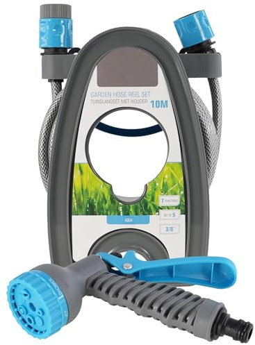 GEEZY Garden Hose Reel Set - 10m Hose Pipe with 7-Function Spray Gun, Reel & Connectors - Suitable for Lawn, Garden, Balcony, Terrace - 3/8 Inside Diameter, Blue